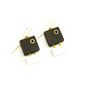 Wooden dangle & drop earrings with acrylic and brass details.