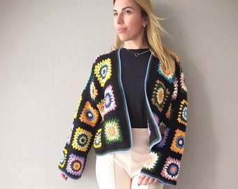 Granny Square Cardigan - Wool Blend Multicolor Cardigan, chunky wool sweater