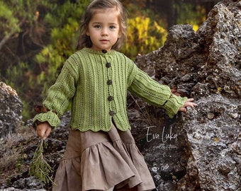 Hand knitted cotton girls sweater cardigan, Toddler green cardigan, Girls cotton sweater, Boho jacket