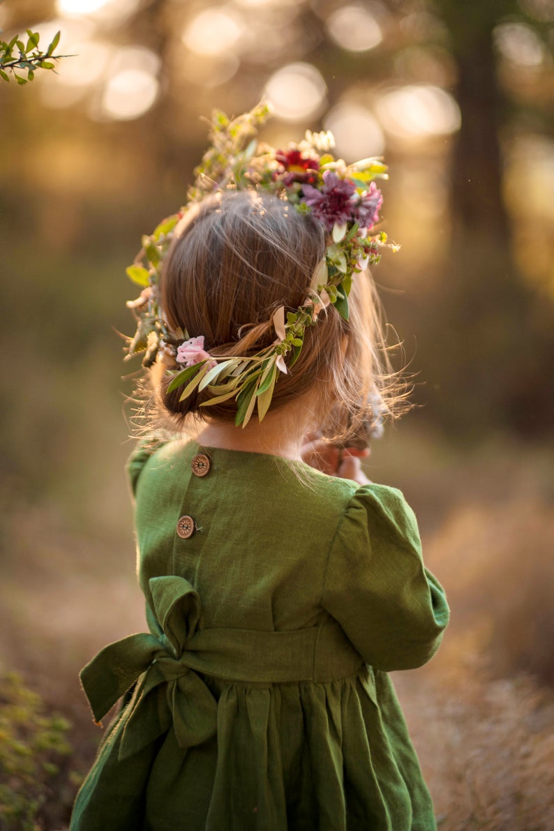 Girls green linen dress READY TO SHIP Long dresses for girls Toddler dresses Girls dress for special occasions