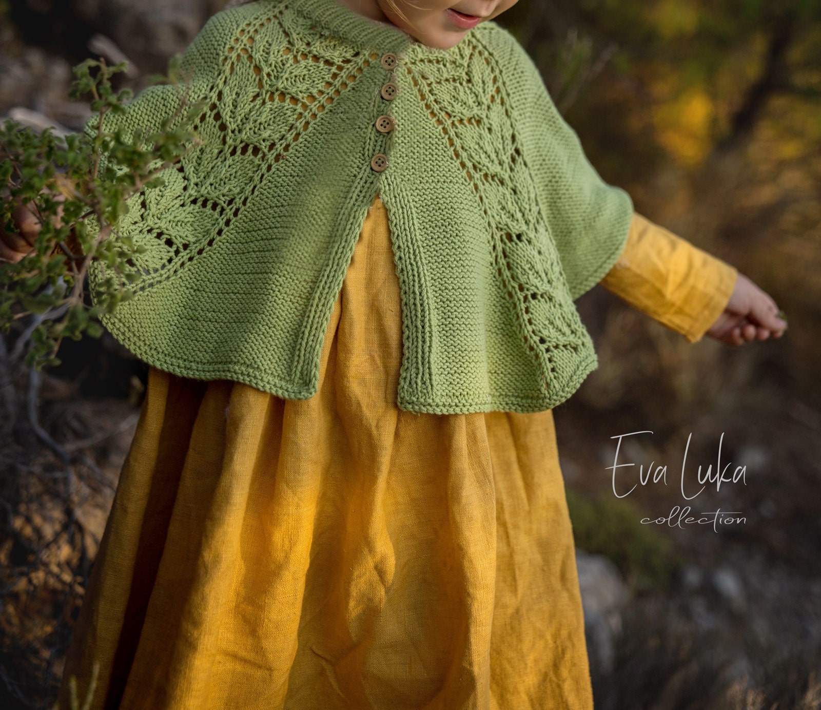 Hand Knitted Baby Poncho with Wooden Buttons, Cotton Blend Boho Outfit