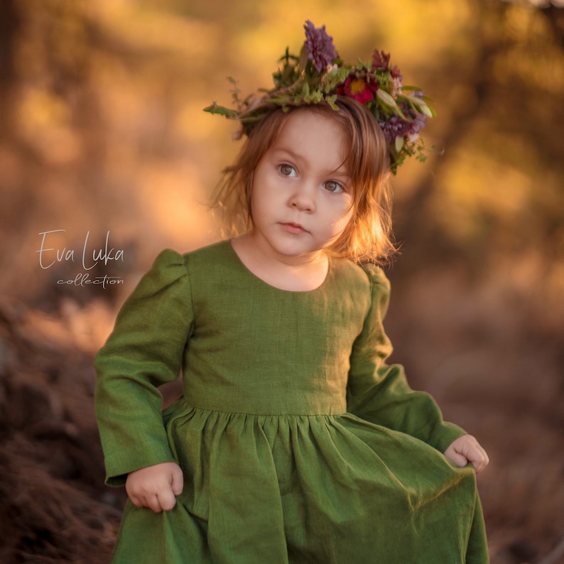 Girls green linen dress READY TO SHIP Long dresses for girls Toddler dresses Girls dress for special occasions