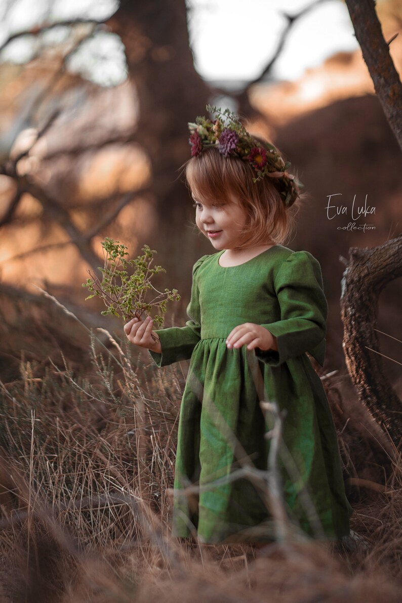 Girls green linen dress READY TO SHIP Long dresses for girls Toddler dresses Girls dress for special occasions