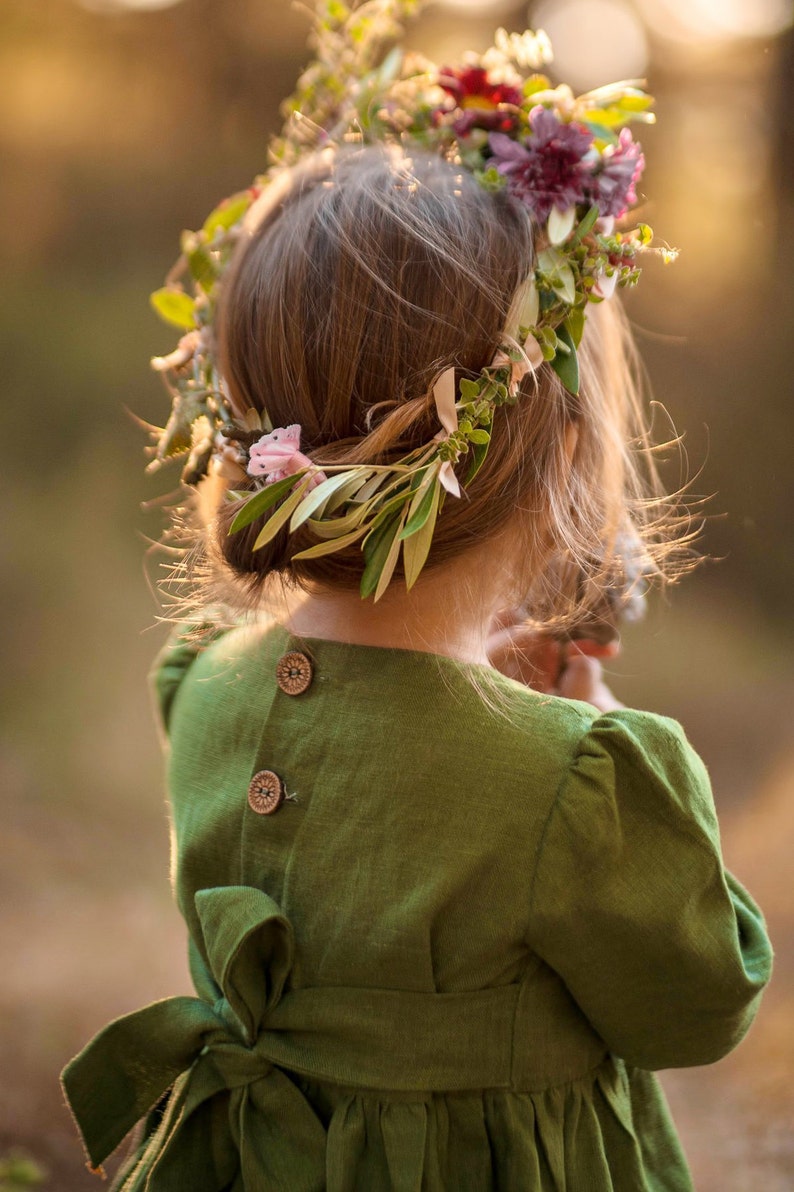 Girls green linen dress READY TO SHIP Long dresses for girls Toddler dresses Girls dress for special occasions