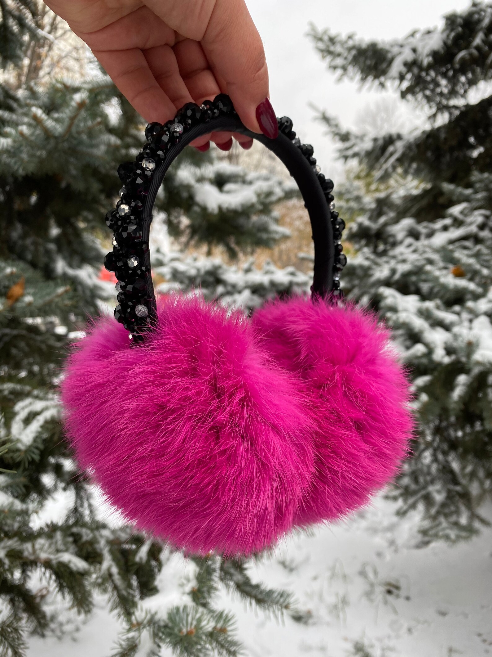 Winter light pink earmuffs of fur big rabbit with headband Etsy