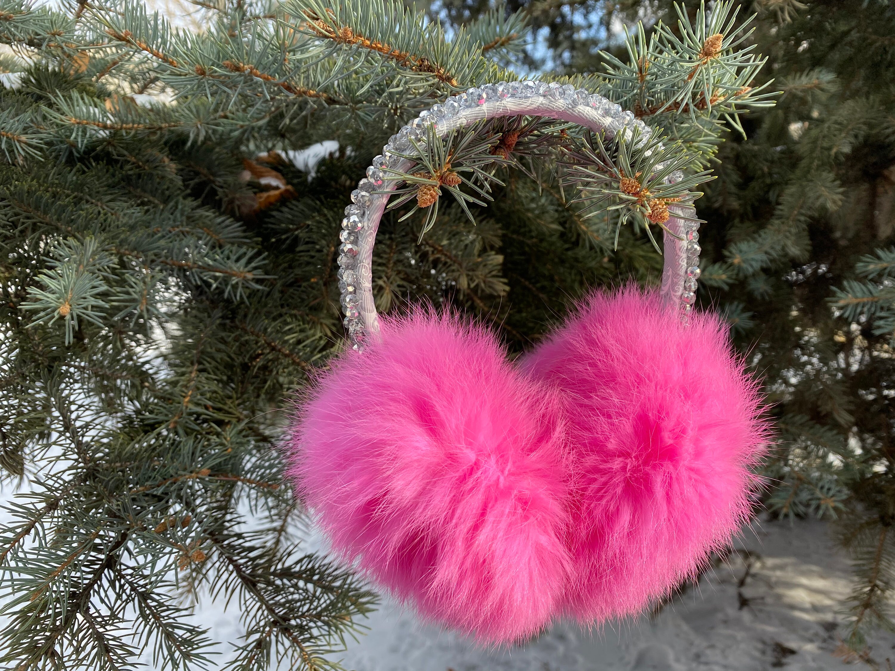 Winter pink earmuffs embellished crystals with rabbit fur Etsy