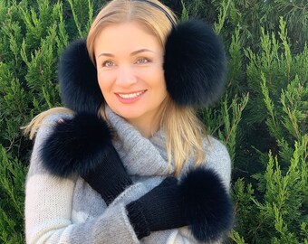 Earmuff Arctic Fox and black mittens Winter fur hat Knitted gloves Black earmuffs