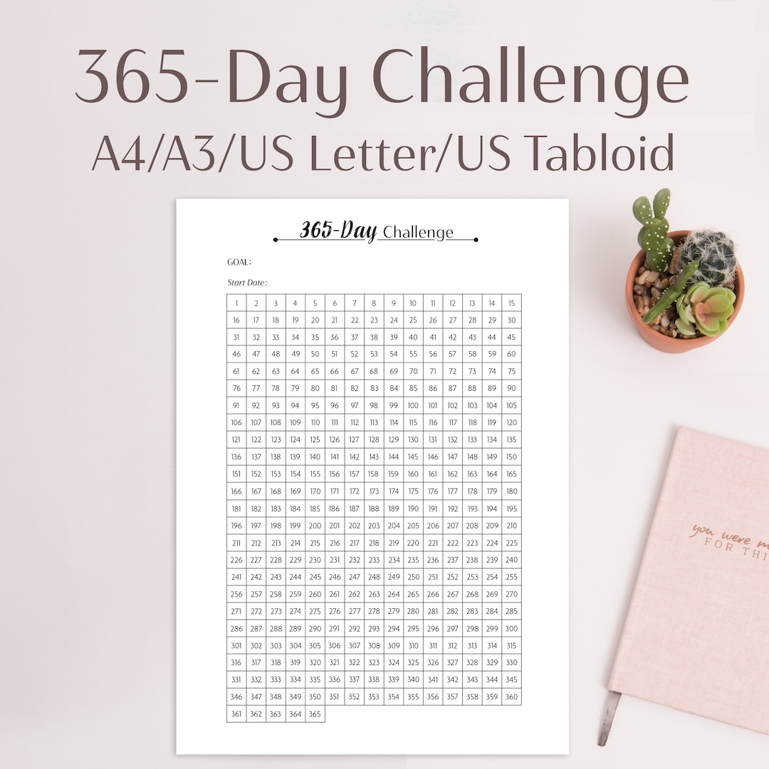 365 Day Challenge Printable | A3 A4 US Tabloid US Letter | 365 Trackers ...