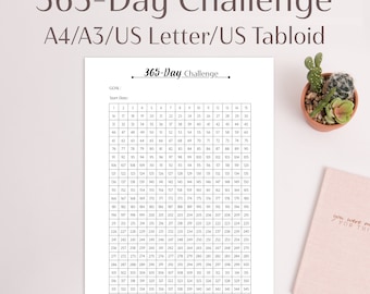 May include: A printable 365-day challenge tracker with a grid of numbers from 1 to 365. The tracker is titled "365-Day Challenge" and has the words "GOAL:" and "Start Date:" at the top.