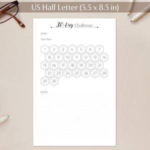 30 Day Tracker Printable | A5 US Half Letter | 30 Day Challenge Sheet ...