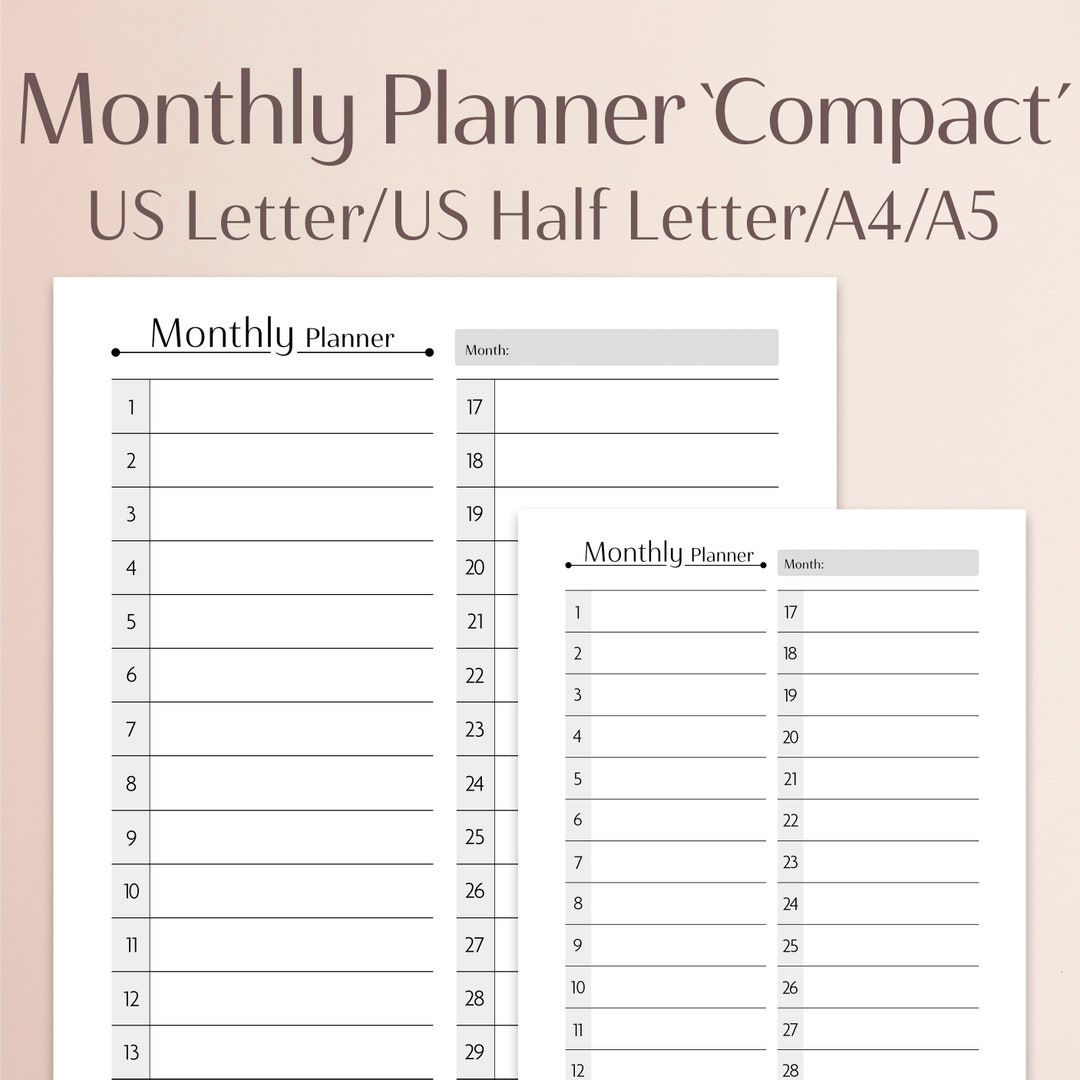 Monthly Planner 'compact' Printable | US Letter Half Letter A4 A5 ...