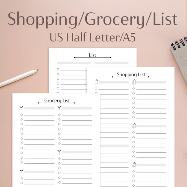 List | Shopping List | Grocery List Printable | A5 US Half Letter | Productivity Planner | Planner Inserts |Task List | PDF Planner
