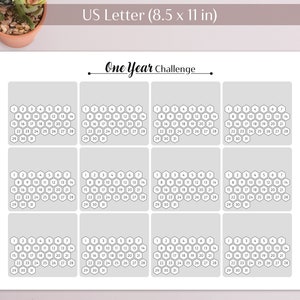 May include: A printable one-year challenge calendar with 12 monthly grids, each with 31 hexagonal cells numbered 1 to 31. The calendar is designed for a US Letter size paper (8.5 x 11 inches).