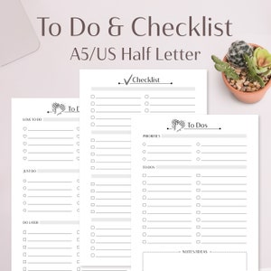 May include: Printable to-do list and checklist template in A5 or US half letter size. The template has sections for "Love to do", "Just do", "Do later", "Priorities", "To Dos", and "Notes/Ideas".