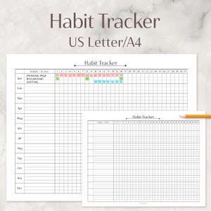 May include: A printable habit tracker with a black and white grid design. The tracker is divided into months, with each month having 31 days. The tracker also includes a section for habits or to-dos. The text "Habit Tracker" appears at the top of the page.