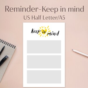 Könnte beinhalten: Ein druckbares Erinnerungsblatt mit dem Text "Keep in mind" und einer gelben Sonne mit einem Herzen in der Mitte. Das Blatt ist in drei Abschnitte zum Schreiben unterteilt.