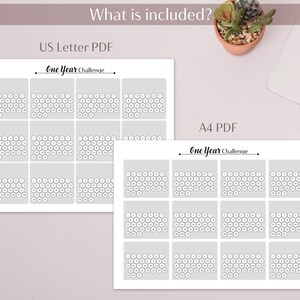 May include: Two printable PDF files for a one year challenge. The first file is US Letter size and the second file is A4 size. Each file contains a grid of 36 circles, each with a number inside.