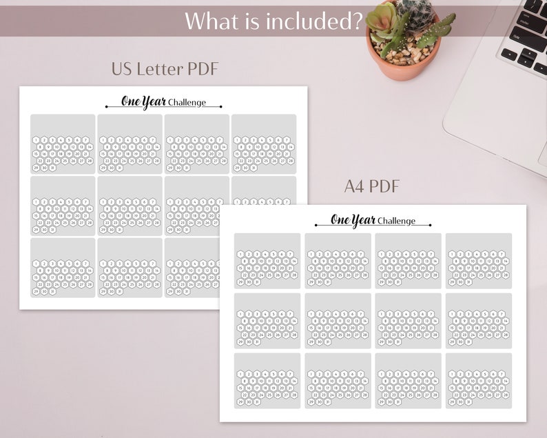 May include: Two printable PDF files for a one year challenge. The first file is US Letter size and the second file is A4 size. Each file contains a grid of 36 circles, each with a number inside.