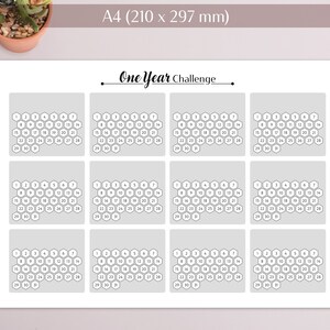 May include: A printable sheet of 12 calendar pages with a honeycomb design. Each page is labeled with a month of the year. The sheet is titled "One Year Challenge".