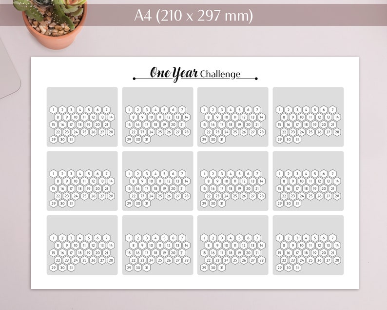 May include: A printable sheet of 12 calendar pages with a honeycomb design. Each page is labeled with a month of the year. The sheet is titled "One Year Challenge".