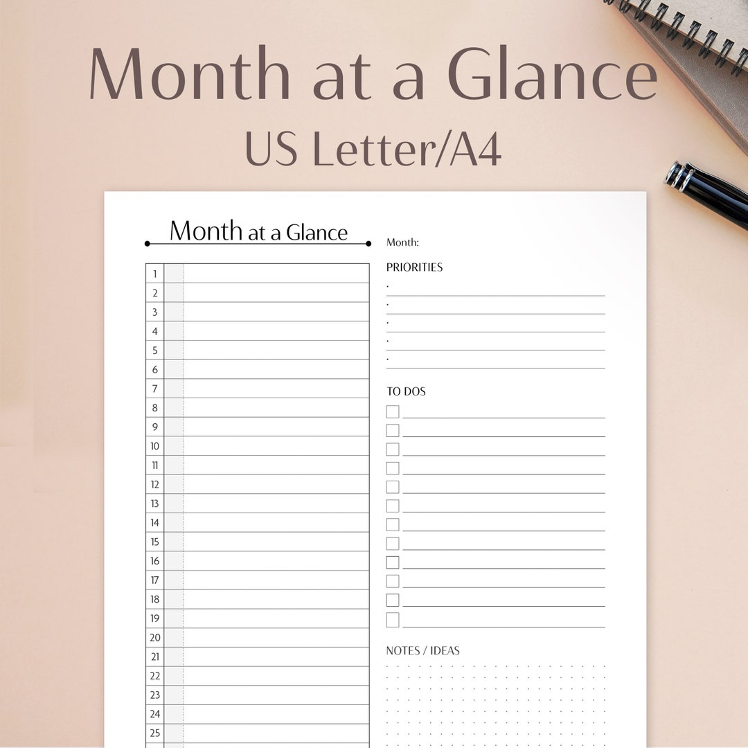 Month at a Glance Printable | Monthly Planner | US Letter A4 | to Do ...