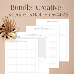 Könnte beinhalten: Ein druckbares Bundle mit drei leeren kreativen Planerseiten in den Formaten US Letter, US Half Letter, A4 und A5. Die Seiten sind mit "Gedanken & Ideen", "Brainstorming" und "Gedanken & Ideen" betitelt.