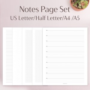 Könnte beinhalten: Ein Satz druckbarer Notizseiten in vier verschiedenen Stilen: liniert, gepunktet, kariert und Millimeterpapier. Die Seiten sind für die Verwendung mit den Papierformaten US Letter, Half Letter, A4 und A5 konzipiert.