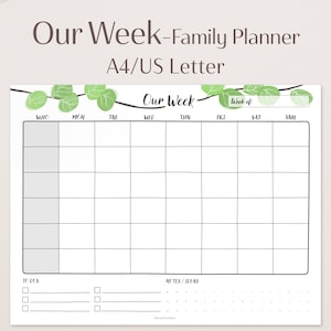 Könnte beinhalten: Ein druckbarer Wochenplaner mit einem grünen Blatt-Rankendesign. Der Planer enthält Abschnitte für jeden Tag der Woche, eine To-Do-Liste und einen Notizbereich. Der Text "Our Week" befindet sich oben auf dem Planer.
