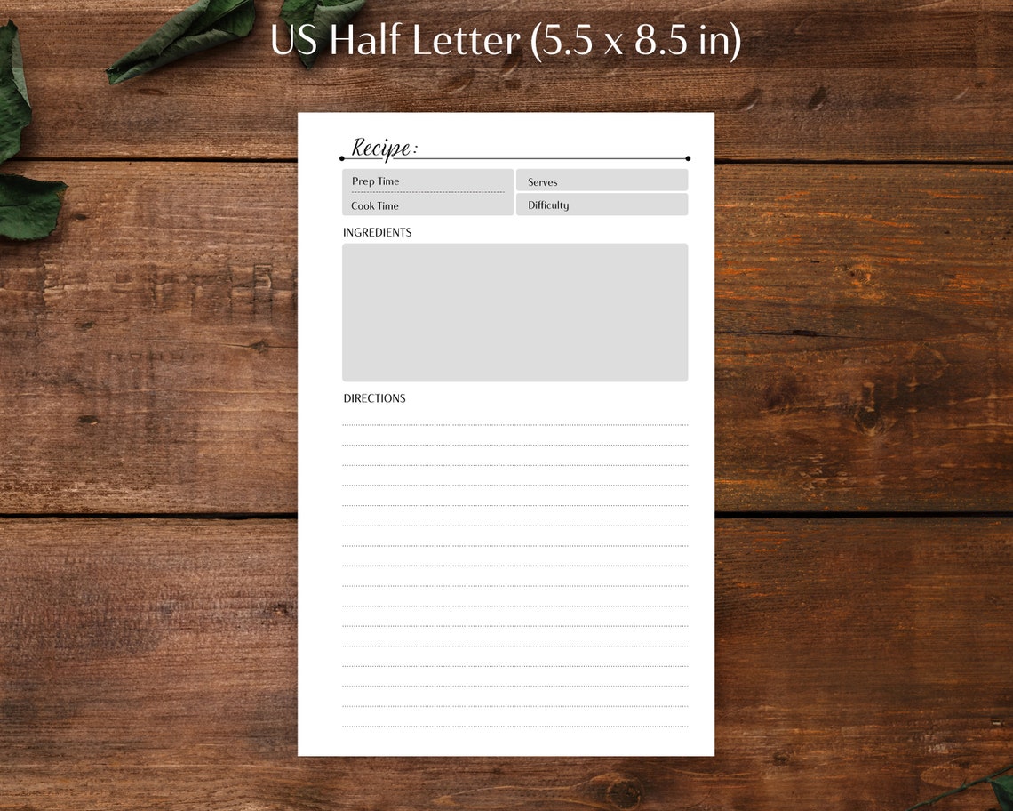 Recipe Page Printable A4 A5 US Letter US Half Letter Blank | Etsy