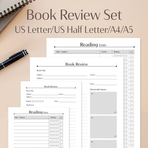 Ensemble de critiques de livres imprimables | Formats A4 et A5 (lettre US) | Journal de lecture | Journal de lecture | Suivi de lecture | Défi de lecture | Planificateurs PDF