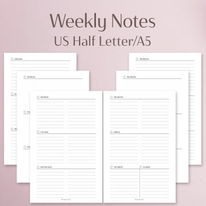 Könnte beinhalten: Eine druckbare Wochenplaner-Vorlage im Format US Half Letter/A5. Die Vorlage ist in die Wochentage unterteilt, mit Platz für Notizen und Aufgaben. Die Vorlage ist für die Verwendung mit einem Punktraster-Notizbuch konzipiert.