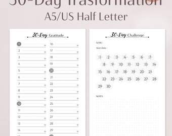 30-Day Transformation Printable | US Half Letter A5 | Gratitude Journal | One Month Challenge | Download Now | PDF Planner