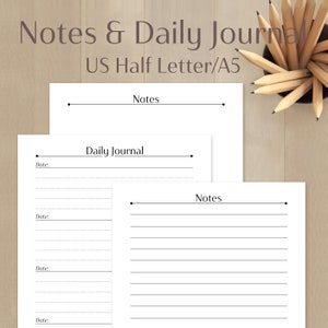 Notes and Daily Journal Printable | A5 US Half Letter | Planner Inserts | Instant Download | PDF Planners