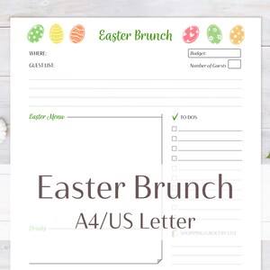Könnte beinhalten: Druckbarer Osterbrunch-Planer-Checkliste mit weißem Hintergrund und bunten Osterei-Illustrationen. Die Checkliste enthält Abschnitte für Ort, Gästeliste, Ostermenü, To-Dos, Getränke und Einkaufsliste.
