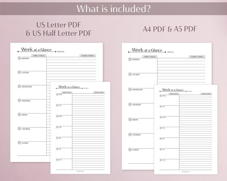 Week at a Glance Printable | A4 A5 US Letter US Half Letter | Weekly ...