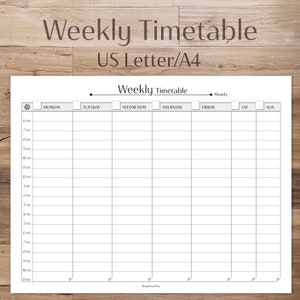 Könnte beinhalten: Ein schwarz-weißer Wochenplaner mit den Wochentagen oben und den Zeiten an der Seite. Der Planer ist für US Letter oder A4 Papiergröße ausgelegt.