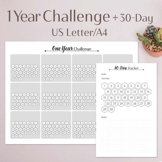 One Year Challenge + 30-Day Tracker Printable | A4 A5 US Letter US Half Letter | Exercise, Activity & Productivity Planner | PDF Planner