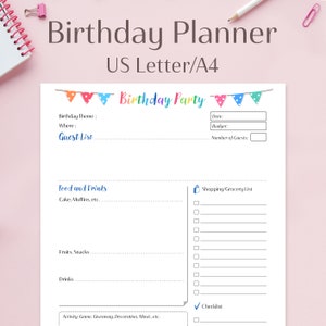 Birthday Party Planner Printable | A4 US Letter | Home Planner | To Do List | Instant Download | PDF Planners