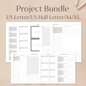 May include: A printable project planner bundle in black and white with a gray background. The planner includes sections for project lists, brainstorming, ongoing projects, and a "Do, Delegate, and Delete" section.