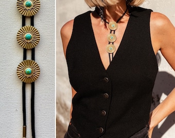 Triple brass and Turquoise stone sunburst bolo tie necklace