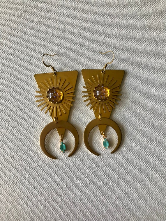 Celestial Brass Earrings With Vintage Glass Etsy