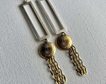 Mixed metal rectangle and Concho tassel earrings