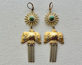 Mixed metal and turquoise Thunderbird sun ray earrings