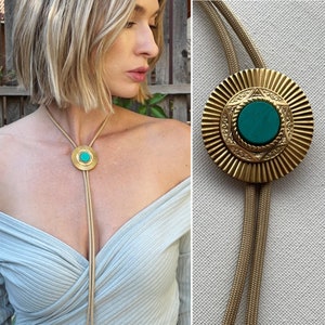 Brass and turquoise sun ray bolo tie necklace