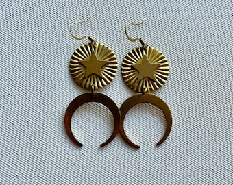 Brass sun, moon, and stars earrings