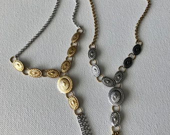 Mixed metal Concho tassel necklaces