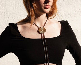 Vintage Brass radiating medallion bolo tie necklace