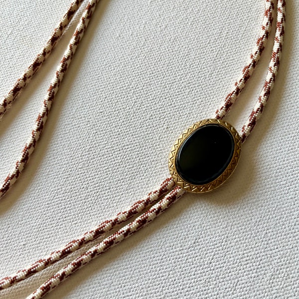 Vintage brass and black onyx stone bolo tie necklace