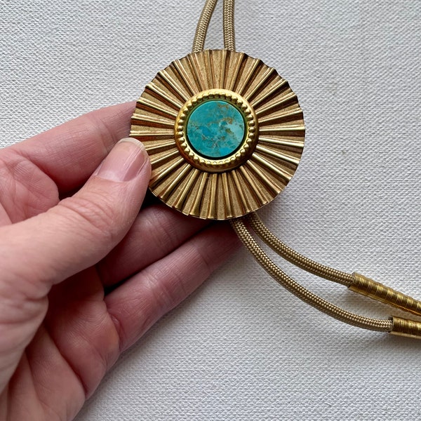 Turquoise and fluted bronze Bolo tie necklace