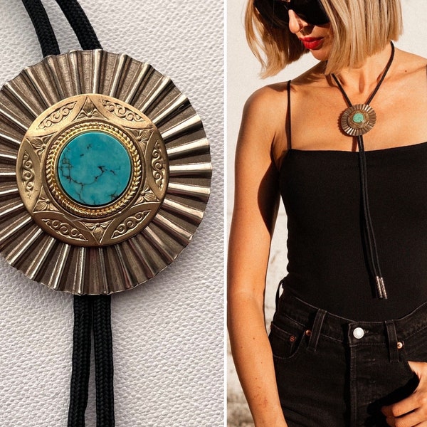 Mixed metal and Turquoise stone sun ray bolo tie necklace